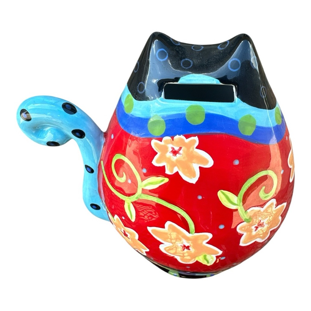 Joyce Shelton Cat's Meow Ceramic Cat Piggy Bank Colorful Floral Design 8” - Picture 3 of 6